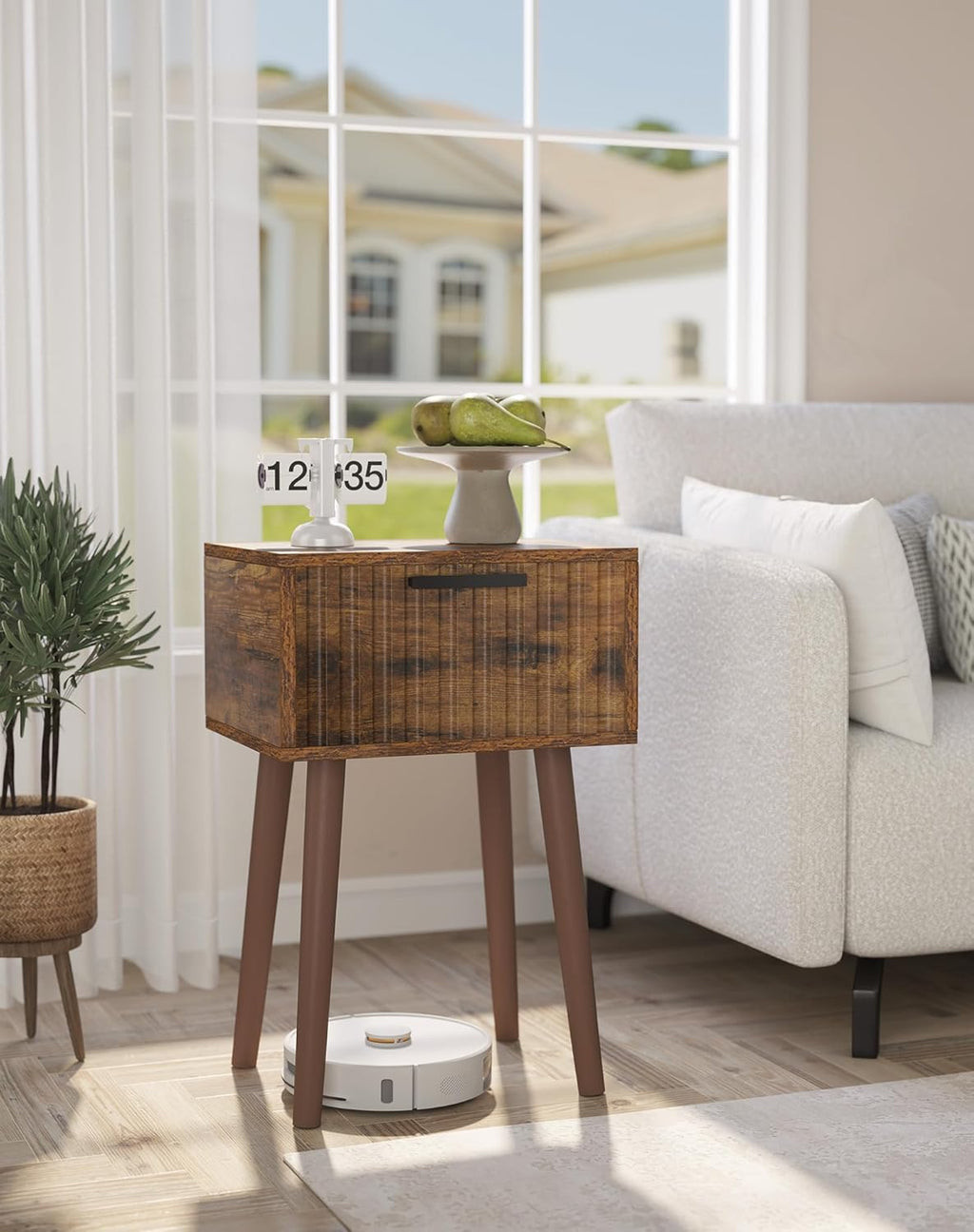 YMYNY Fluted Nightstand, Small End Table, Modern Coffee Table with Drawer, Solid Wood Legs, 13.8" x 10.6" x 20.9", for Bedroom and Small Spaces, Rustic Brown UHST014H-2