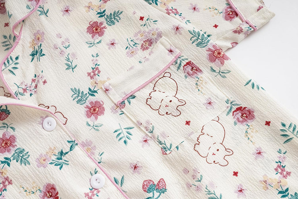 Vopmocld Big Girls Button Down Sleepwear Short Sleeve With Shorts 2PCS Pajama Sets Casual Lapel Loungewear Patterns Printed, 2PCS-Bunny, 10
