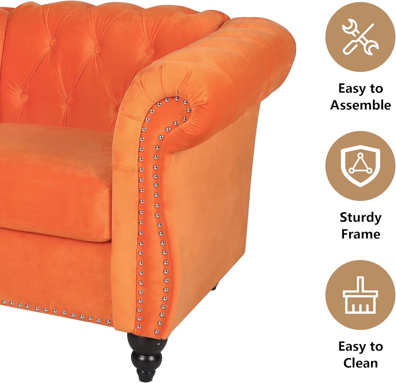 Home Sofa Living Room Furniture, 3 Seater 84" Velvet Upholstered Couch, Mid Century Modern Comfy Couch with Cushions, Classic Tufted Chesterfield Couches for Bedroom, Office, Apartment (Orange)