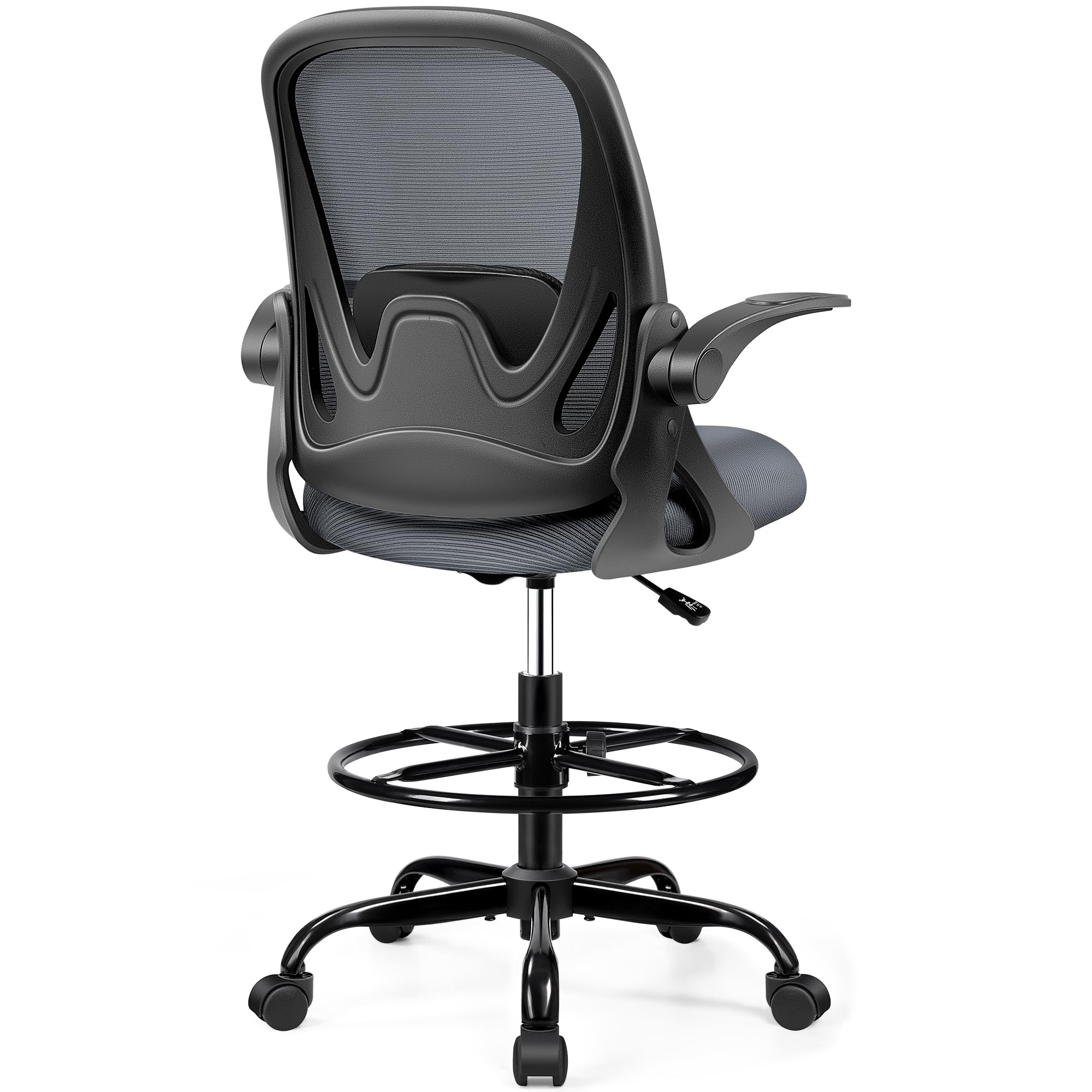 Primy Drafting Chair Tall Office Chair with Flip-up Armrests Executive Ergonomic Computer Standing Desk Chair with Lumbar Support and Adjustable Footrest Ring (Black)