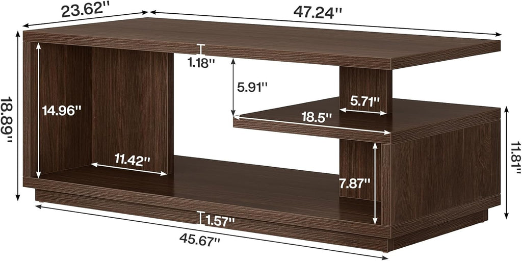 Tribesigns 47.24" Coffee Table with Storage Shelf, Mid-Century Modern Center Table, 3-Tier Rectangle Wooden Tea Table with Thick Base for Living Room, Walnut