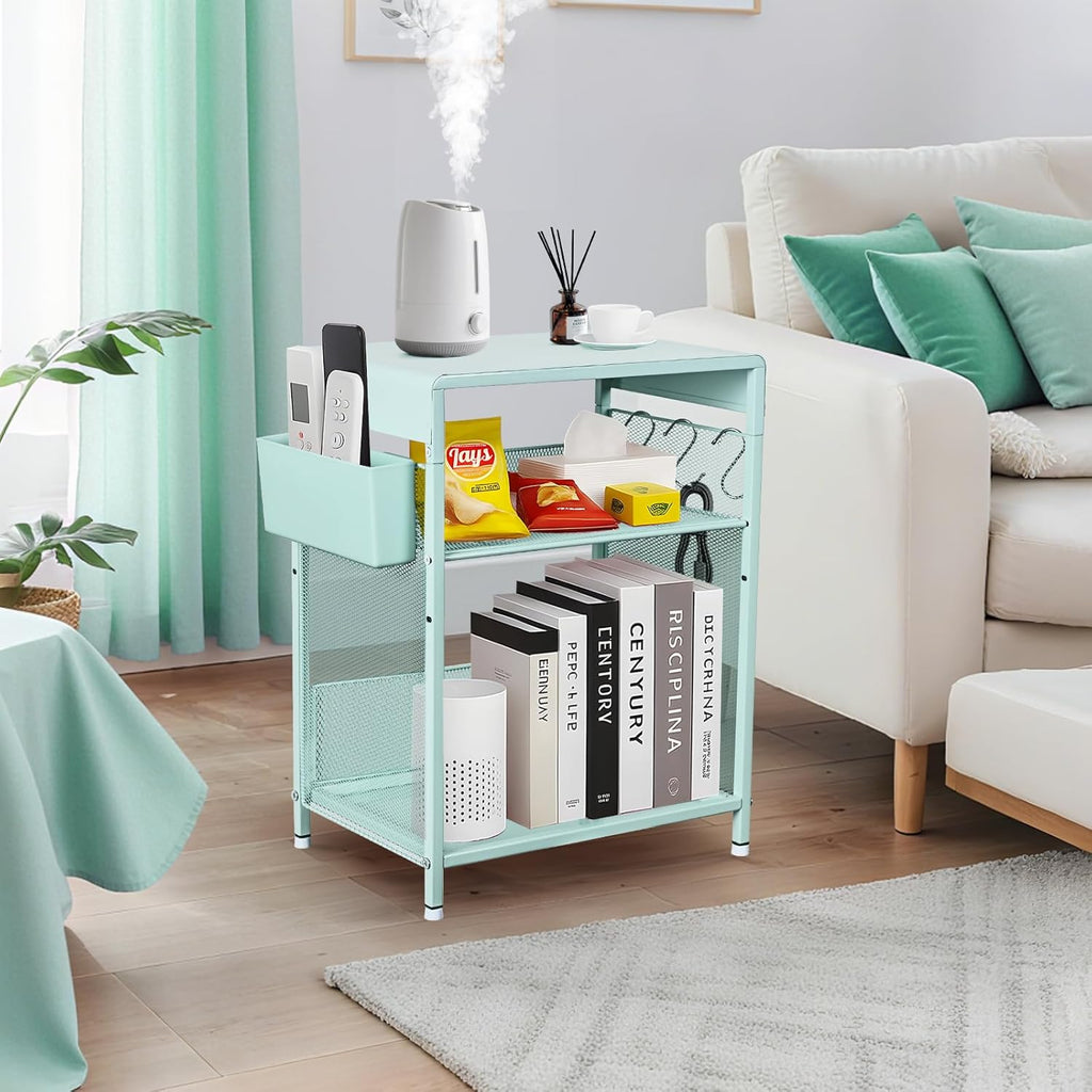 Mint Green Nightstand, End Table with Hooks and Holder, Kids Nightstand for Bedroom, Toddler Bedside Table, Small Desk for Girls, Coffee Table for Living Room, Dorm, Office (Mint)