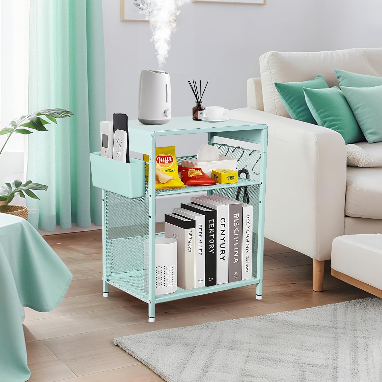 Mint Green Nightstand, End Table with Hooks and Holder, Kids Nightstand for Bedroom, Toddler Bedside Table, Small Desk for Girls, Coffee Table for Living Room, Dorm, Office (Mint)