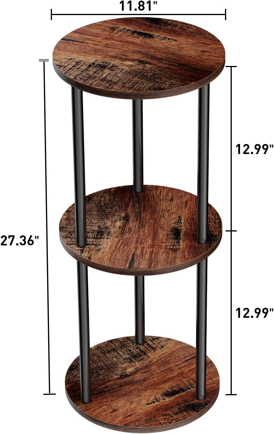 11.8'D Round Drink Table - 3-Tier Small Side Table with Wood Legs, End Table for Small Space, Balcony & Office | Space-Saving, Multi-Functional (Plants, Books, Drinks), Brown