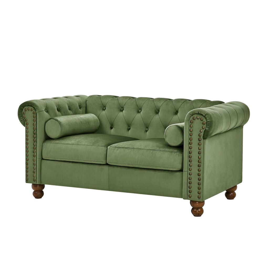 Tufted Velvet Sofa Couch for Living Room, Rolled Arm 3-Seater Sofa Couch with Nailhead Trim and 2 Neck Roll Pillows, Small Apartment Chesterfield Sofa Green