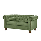 Tufted Velvet Sofa Couch for Living Room, Rolled Arm 3-Seater Sofa Couch with Nailhead Trim and 2 Neck Roll Pillows, Small Apartment Chesterfield Sofa Green