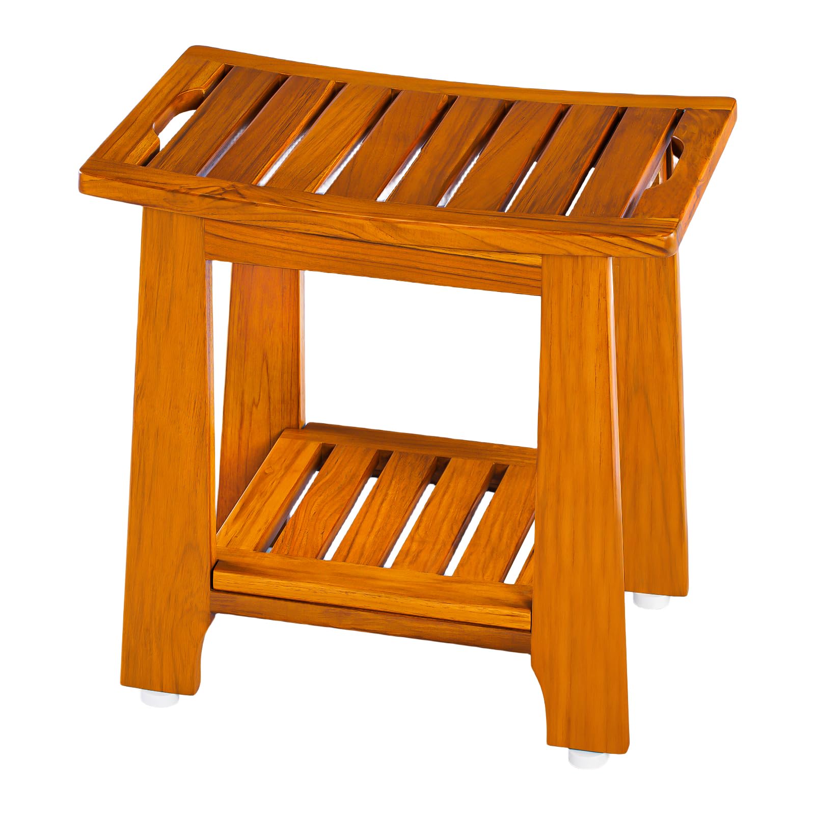 NNN 14" Compact Teak Shower Stool with Shelf & Handle - Waterproof, Non-Slip Bath Bench for Small Bathrooms/Outdoor Use, 300 lbs Capacity (Patented)