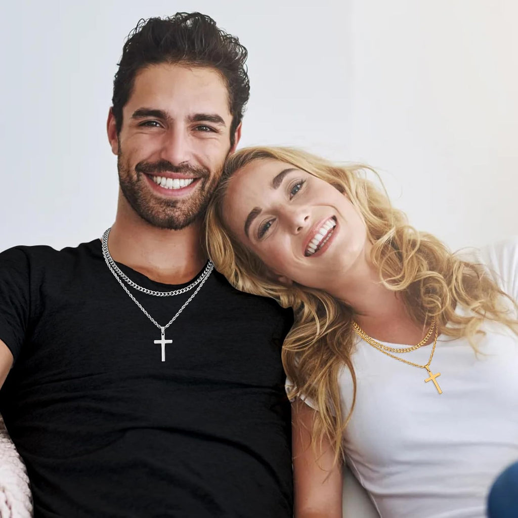 Fiusem 2 Pcs Cross Necklace Chain for Men and Women, Layered Mens Cross Necklaces Stainless Steel Pendant Cuban Link Rope Chain 16-26 Inch