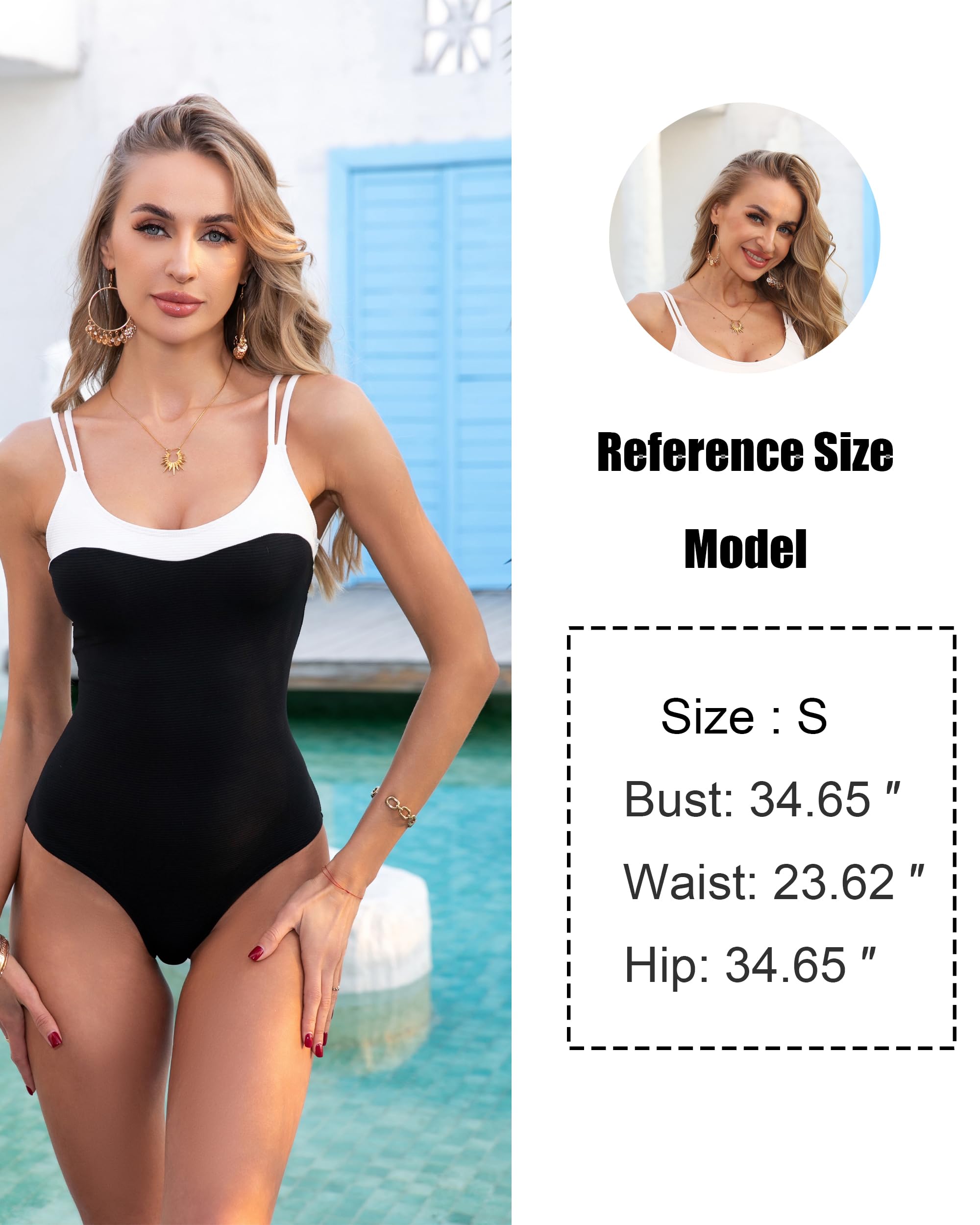 Trajes de baño de una pieza acanalados ACHREPLA para mujer, sexy con espalda cruzada, control de abdomen, traje de baño con doble tirante, negro y blanco