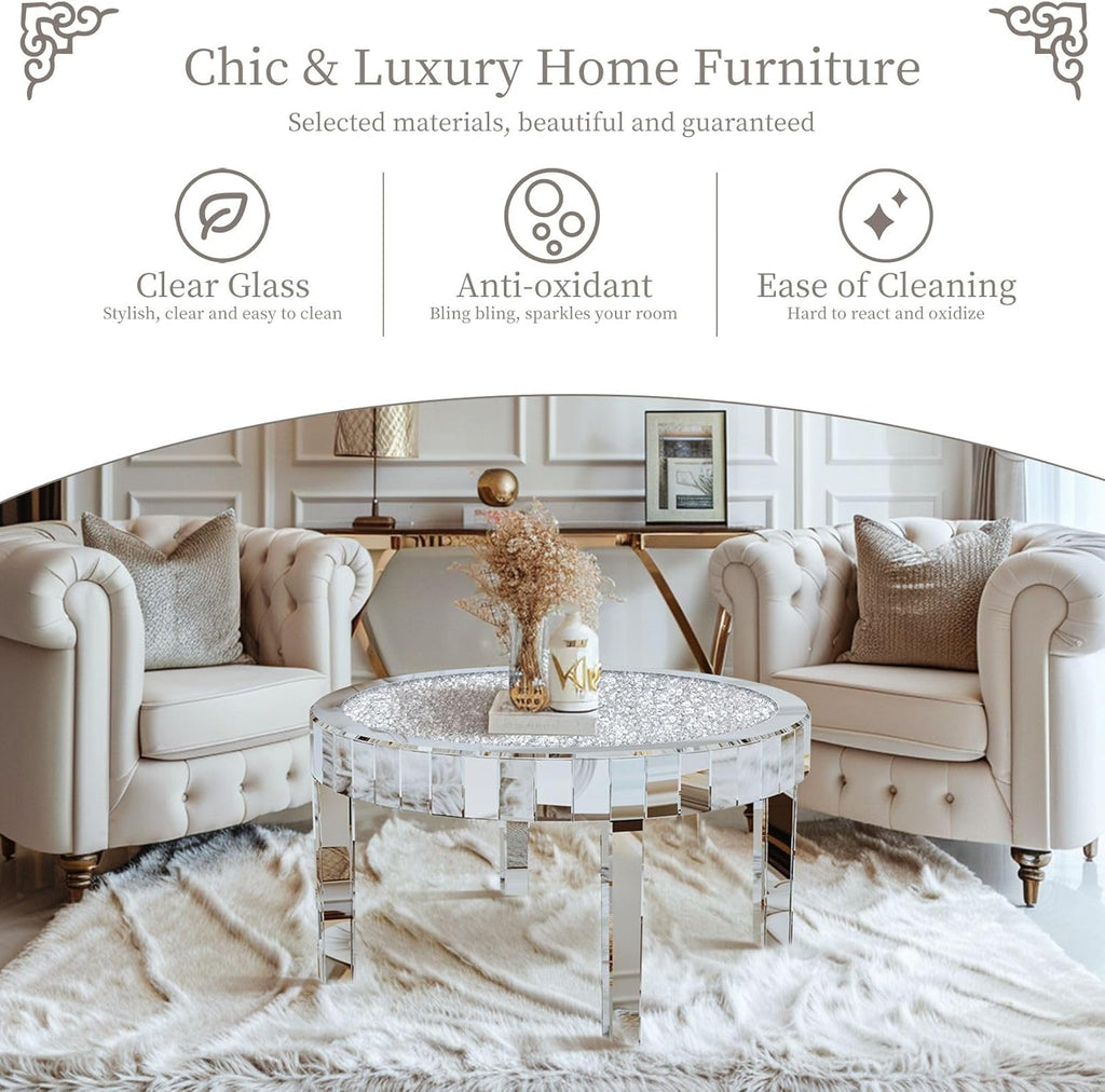 Round Mirrored Coffee Table: 31.5 inches Large Decorative Bling Crushed Diamond Tabletop with Silver Mirror Crystal Edge Frame and Legs Luxury Modern Home Decor for Livingroom