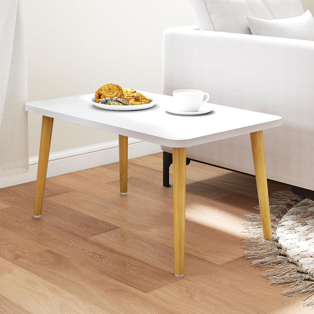 Square Coffee Table Low Table with 4 Solid Wood Sturdy Legs, Floor Table Desk for Sitting on The Floor, Storage and Living Room Furniture (White)