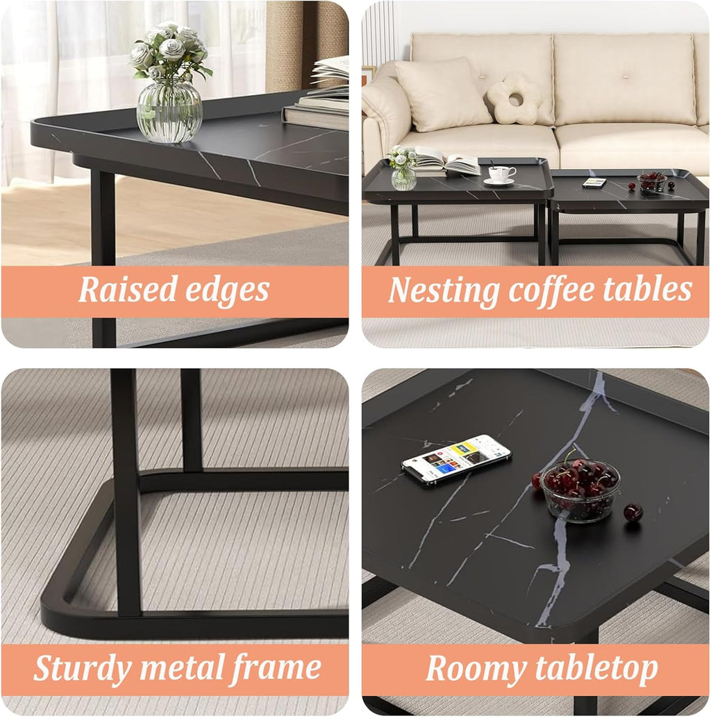 Square Coffee Tables Living Room Set of 2, Nesting Walnut Coffee Table with Fluted, End Tables for Bedroom Office Balcony Yard (23.5"+19.5" Black)