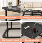 Square Coffee Tables Living Room Set of 2, Nesting Walnut Coffee Table with Fluted, End Tables for Bedroom Office Balcony Yard (23.5"+19.5" Black)