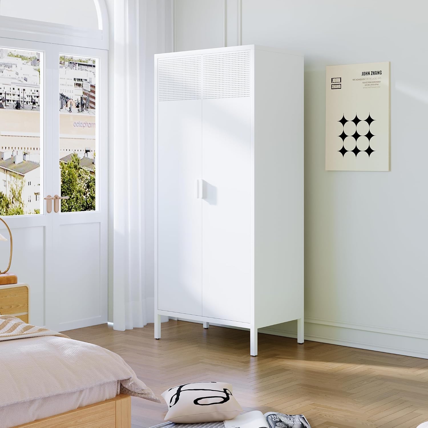 71 Farmhouse Metal Wardrobe Closet with Hanging Rod, 2 Barn Doors, Adjustable Shelves, Steel Armoire with Drawer for Home, Bedroom - Grand Goldman