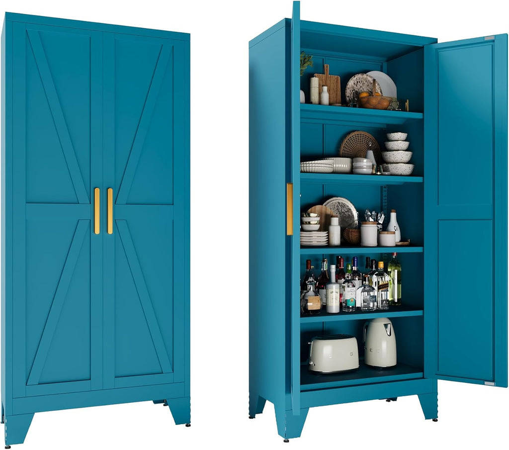 71 Farmhouse Metal Wardrobe Closet with Hanging Rod, 2 Barn Doors, Adjustable Shelves, Steel Armoire with Drawer for Home, Bedroom - Grand Goldman