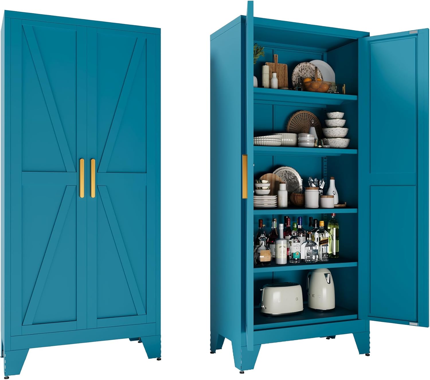 71 Farmhouse Metal Wardrobe Closet with Hanging Rod, 2 Barn Doors, Adjustable Shelves, Steel Armoire with Drawer for Home, Bedroom - Grand Goldman