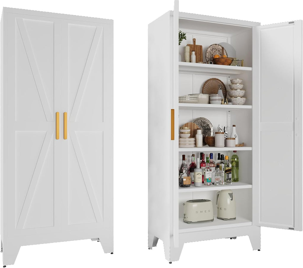 71 Farmhouse Metal Wardrobe Closet with Hanging Rod, 2 Barn Doors, Adjustable Shelves, Steel Armoire with Drawer for Home, Bedroom - Grand Goldman