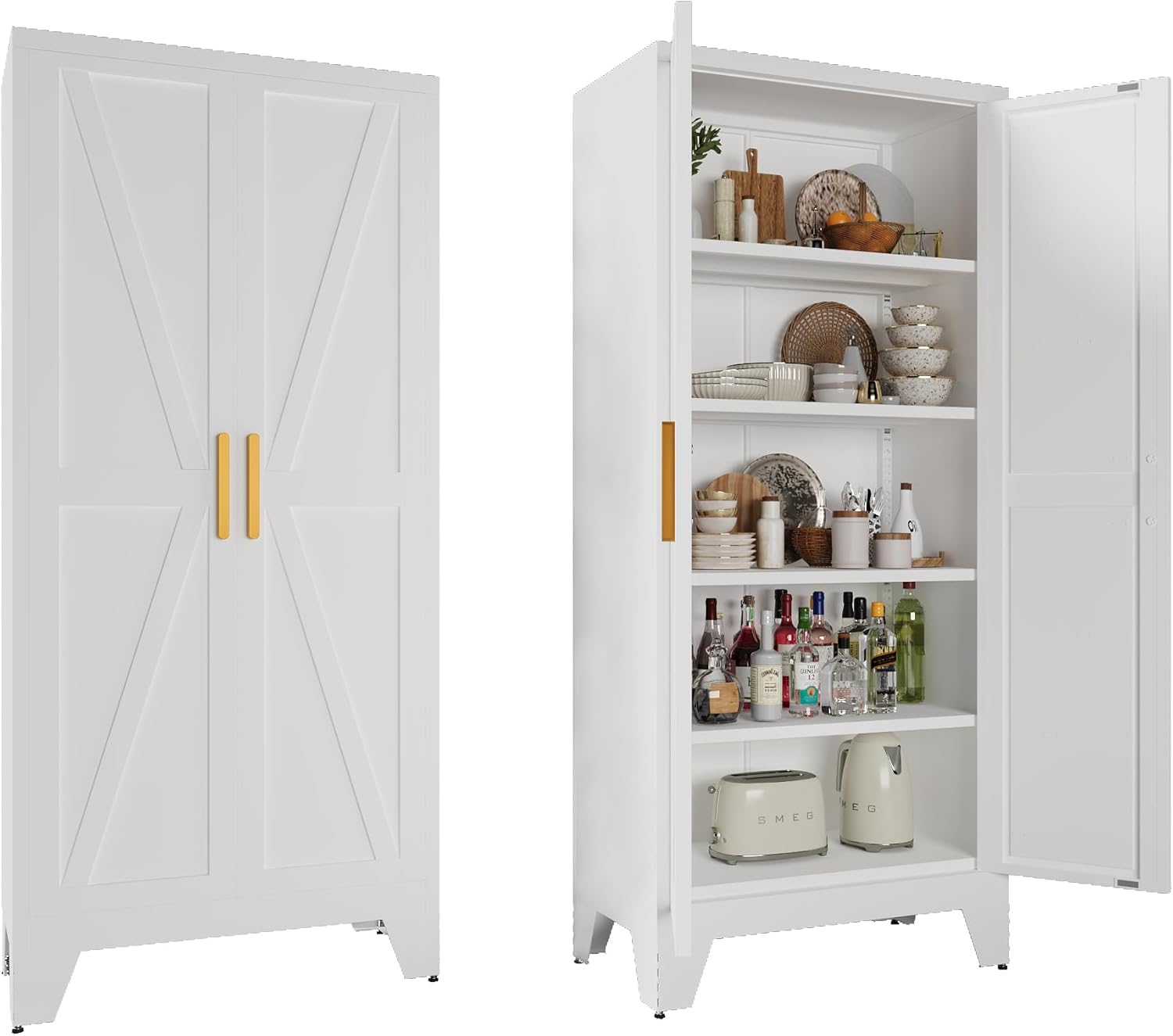 71 Farmhouse Metal Wardrobe Closet with Hanging Rod, 2 Barn Doors, Adjustable Shelves, Steel Armoire with Drawer for Home, Bedroom - Grand Goldman