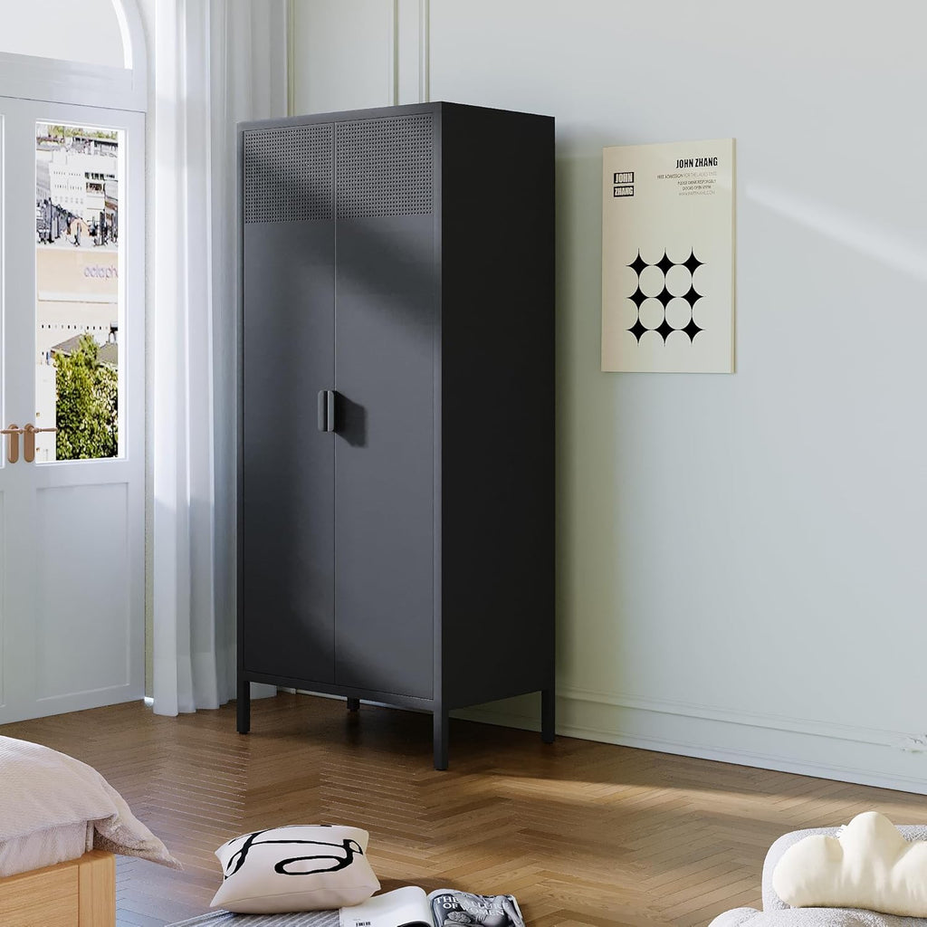 71 Farmhouse Metal Wardrobe Closet with Hanging Rod, 2 Barn Doors, Adjustable Shelves, Steel Armoire with Drawer for Home, Bedroom - Grand Goldman