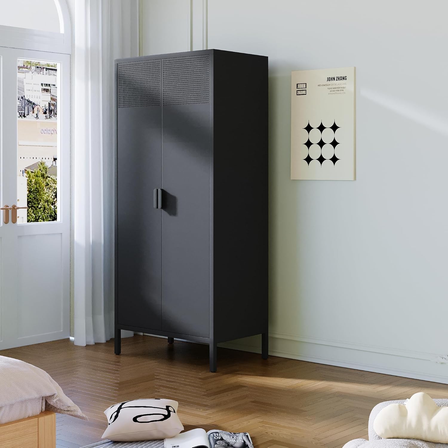 71 Farmhouse Metal Wardrobe Closet with Hanging Rod, 2 Barn Doors, Adjustable Shelves, Steel Armoire with Drawer for Home, Bedroom - Grand Goldman