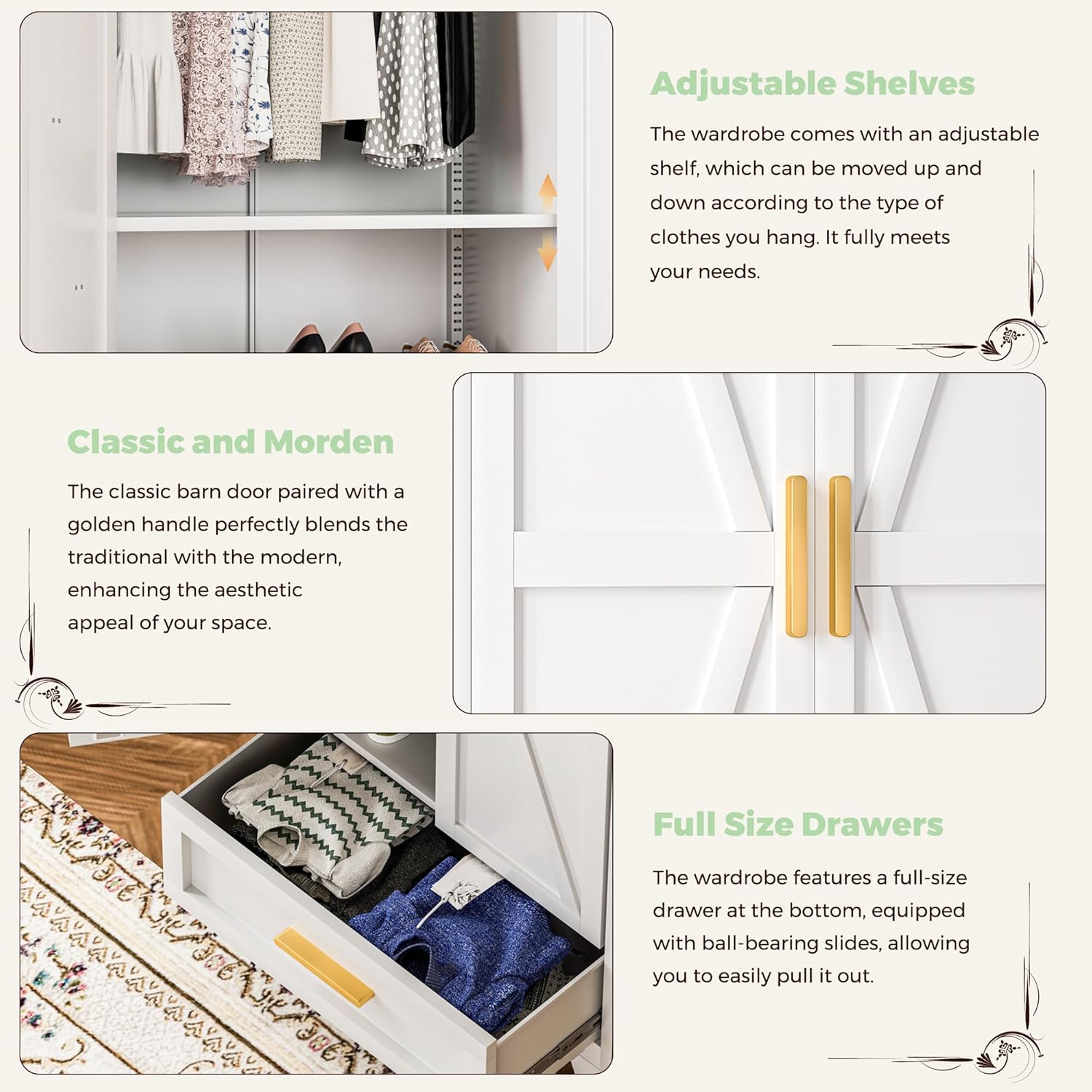 71 Farmhouse Metal Wardrobe Closet with Hanging Rod, 2 Barn Doors, Adjustable Shelves, Steel Armoire with Drawer for Home, Bedroom - Grand Goldman