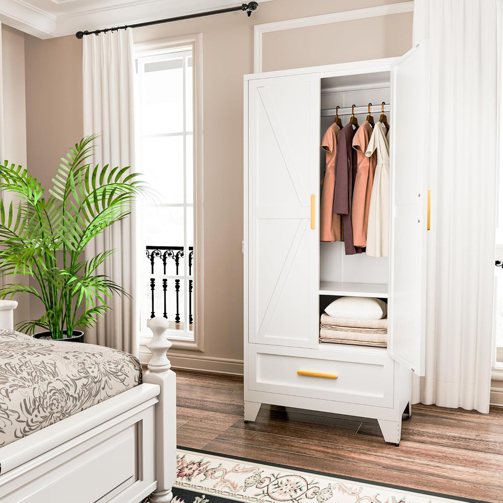 71 Farmhouse Metal Wardrobe Closet with Hanging Rod, 2 Barn Doors, Adjustable Shelves, Steel Armoire with Drawer for Home, Bedroom - Grand Goldman