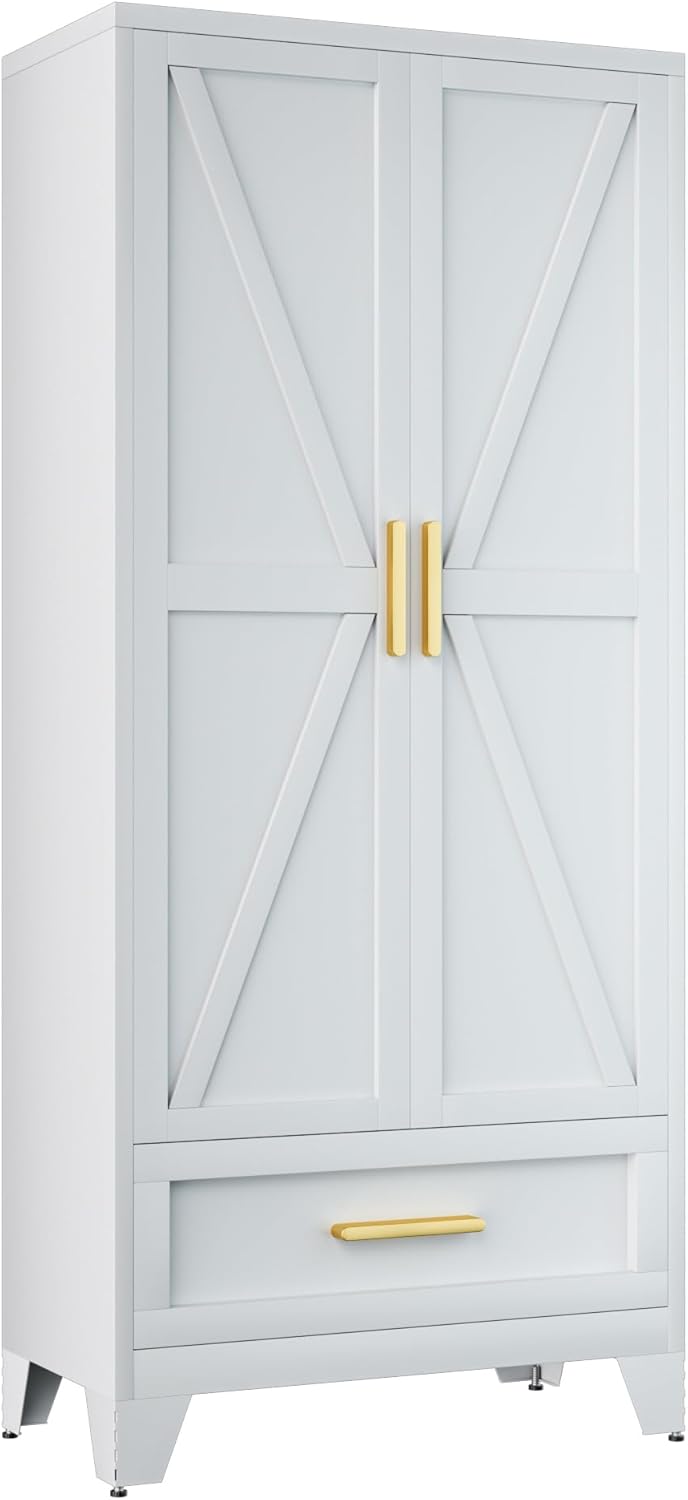 71 Farmhouse Metal Wardrobe Closet with Hanging Rod, 2 Barn Doors, Adjustable Shelves, Steel Armoire with Drawer for Home, Bedroom - Grand Goldman