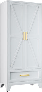 71 Farmhouse Metal Wardrobe Closet with Hanging Rod, 2 Barn Doors, Adjustable Shelves, Steel Armoire with Drawer for Home, Bedroom - Grand Goldman