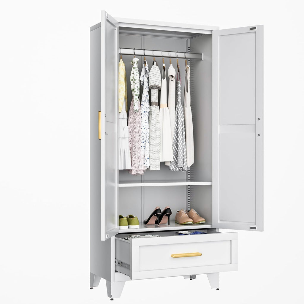 71 Farmhouse Metal Wardrobe Closet with Hanging Rod, 2 Barn Doors, Adjustable Shelves, Steel Armoire with Drawer for Home, Bedroom - Grand Goldman