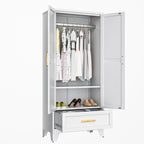 71 Farmhouse Metal Wardrobe Closet with Hanging Rod, 2 Barn Doors, Adjustable Shelves, Steel Armoire with Drawer for Home, Bedroom - Grand Goldman