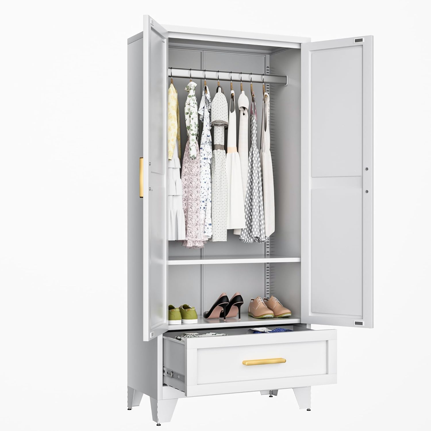 71 Farmhouse Metal Wardrobe Closet with Hanging Rod, 2 Barn Doors, Adjustable Shelves, Steel Armoire with Drawer for Home, Bedroom - Grand Goldman