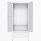 71 Farmhouse Metal Wardrobe Closet with Hanging Rod, 2 Barn Doors, Adjustable Shelves, Steel Armoire with Drawer for Home, Bedroom - Grand Goldman