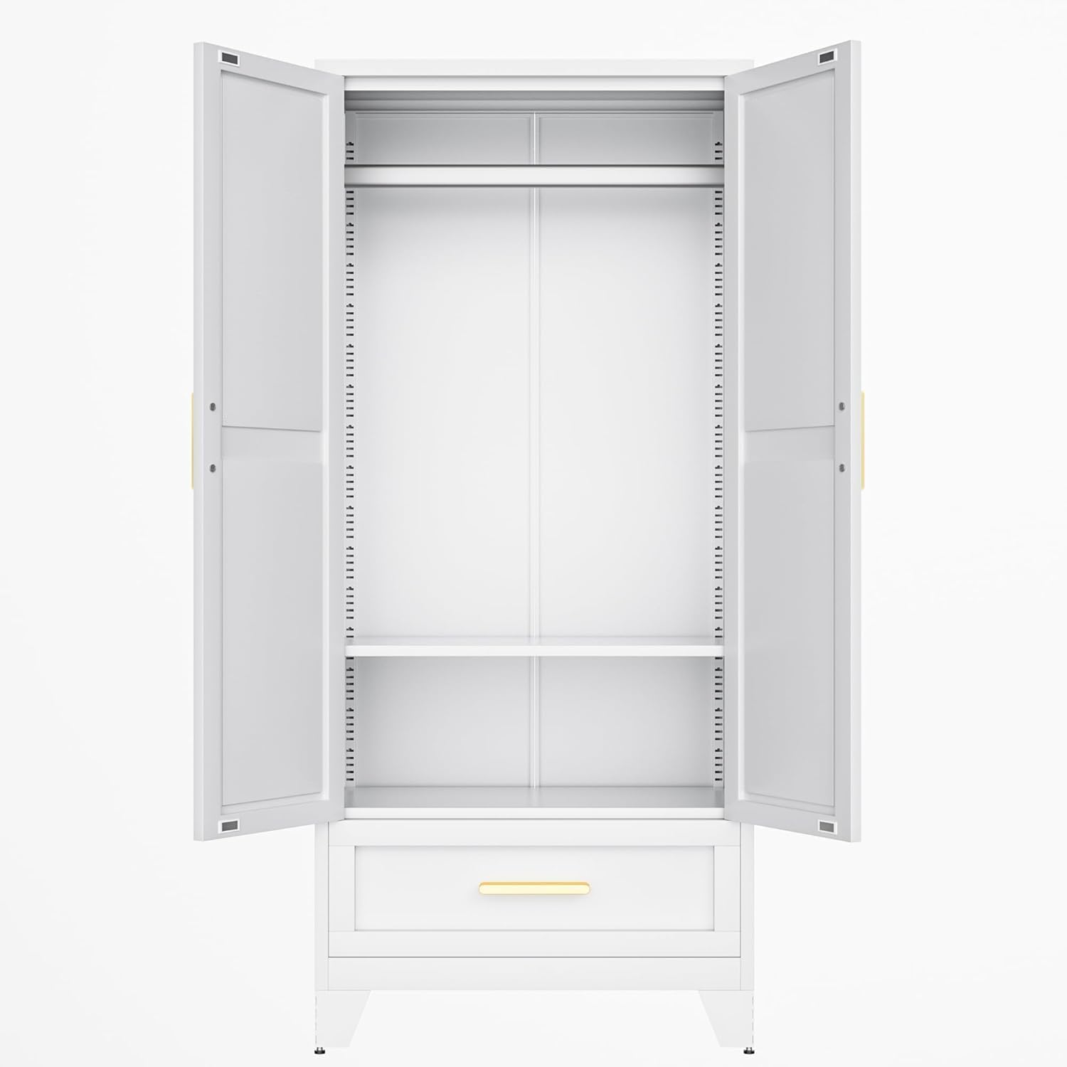 71 Farmhouse Metal Wardrobe Closet with Hanging Rod, 2 Barn Doors, Adjustable Shelves, Steel Armoire with Drawer for Home, Bedroom - Grand Goldman