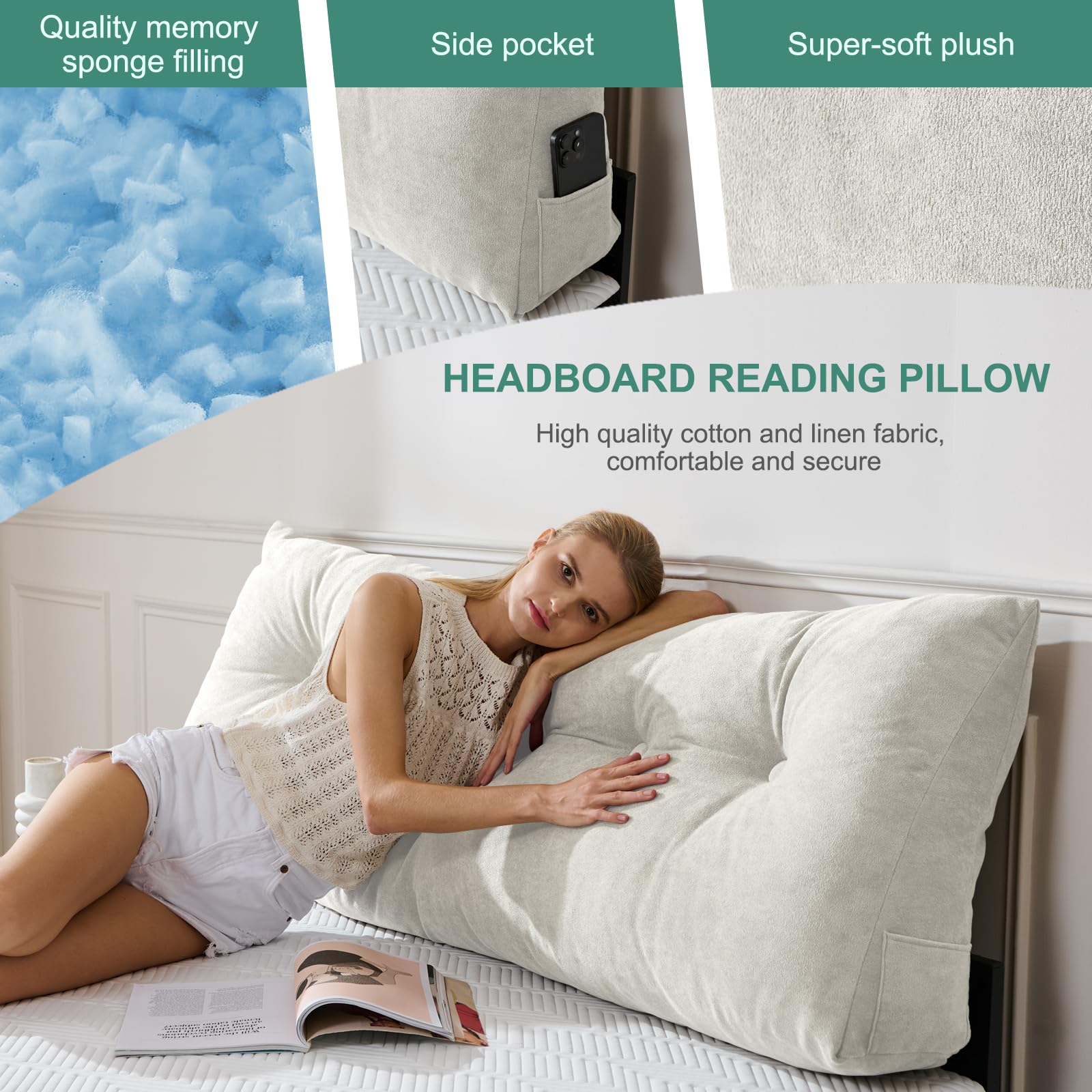 Lukace Premium kilepude hovedgærde med aftageligt betræk - trekantet læsestøtte ryglæn til seng med sidelommer, perfekt til læsning og TV (beige enkeltsengsstørrelse, 39x8x20 tommer)