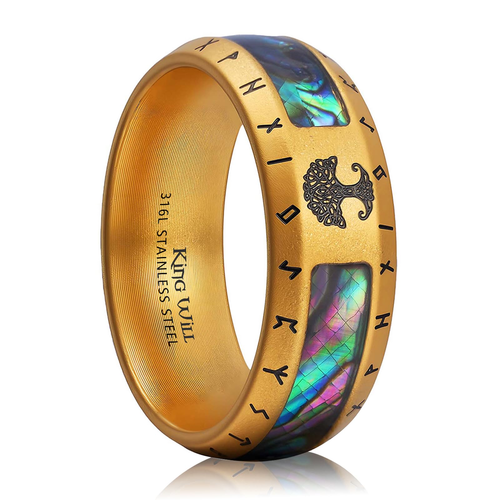 King Will Viking Stainless Steel Wedding Band - 8mm Men Ring with Tree of Life Rune Design and Abalone Shell Inlay in Grey/Gold/Black Vintage Finish Hypoallergenic and Comfort Fit Size 7-14