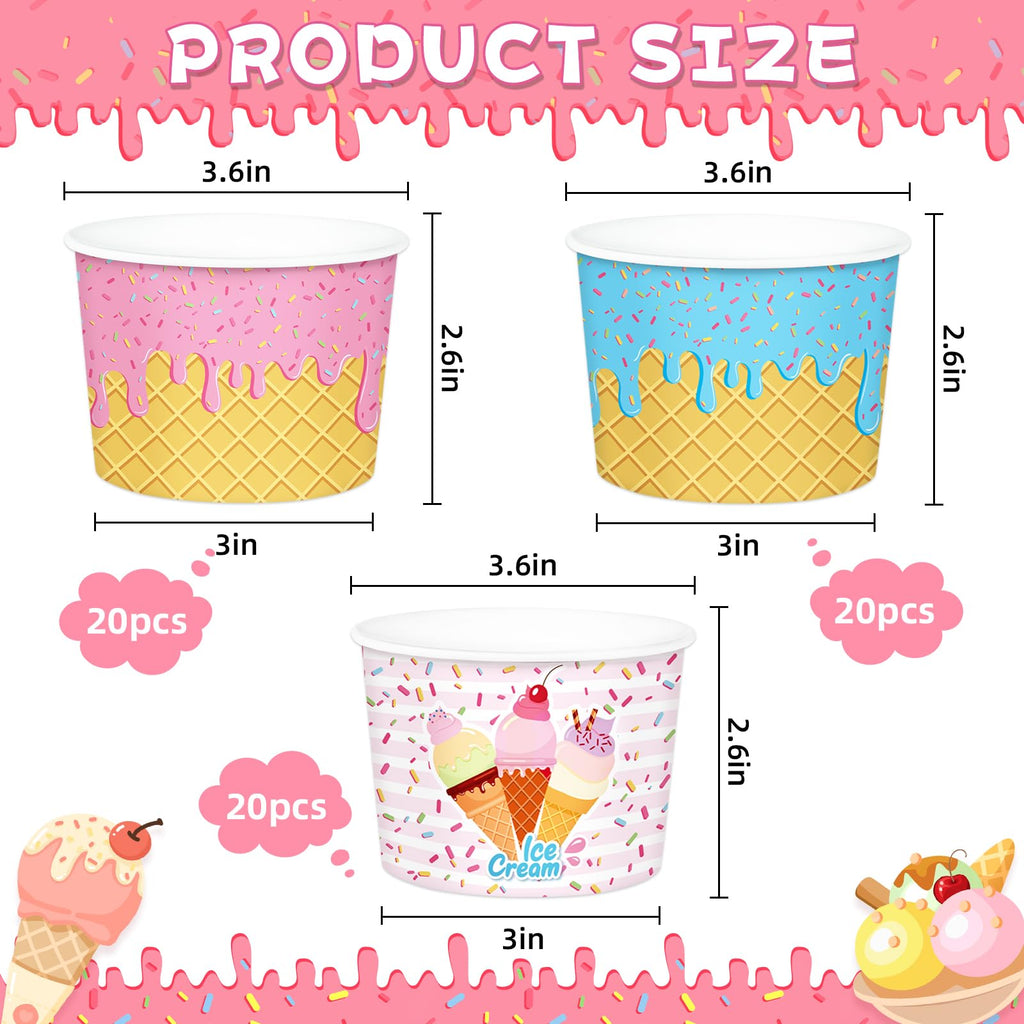 REDWORD 60PCs Ice Cream Bowls, 9oz Ice Cream Containers Disposable Paper Bowls Sundae Cups Dessert Soup Containers for Ice-cream Party Decorations Summer Party Decorations