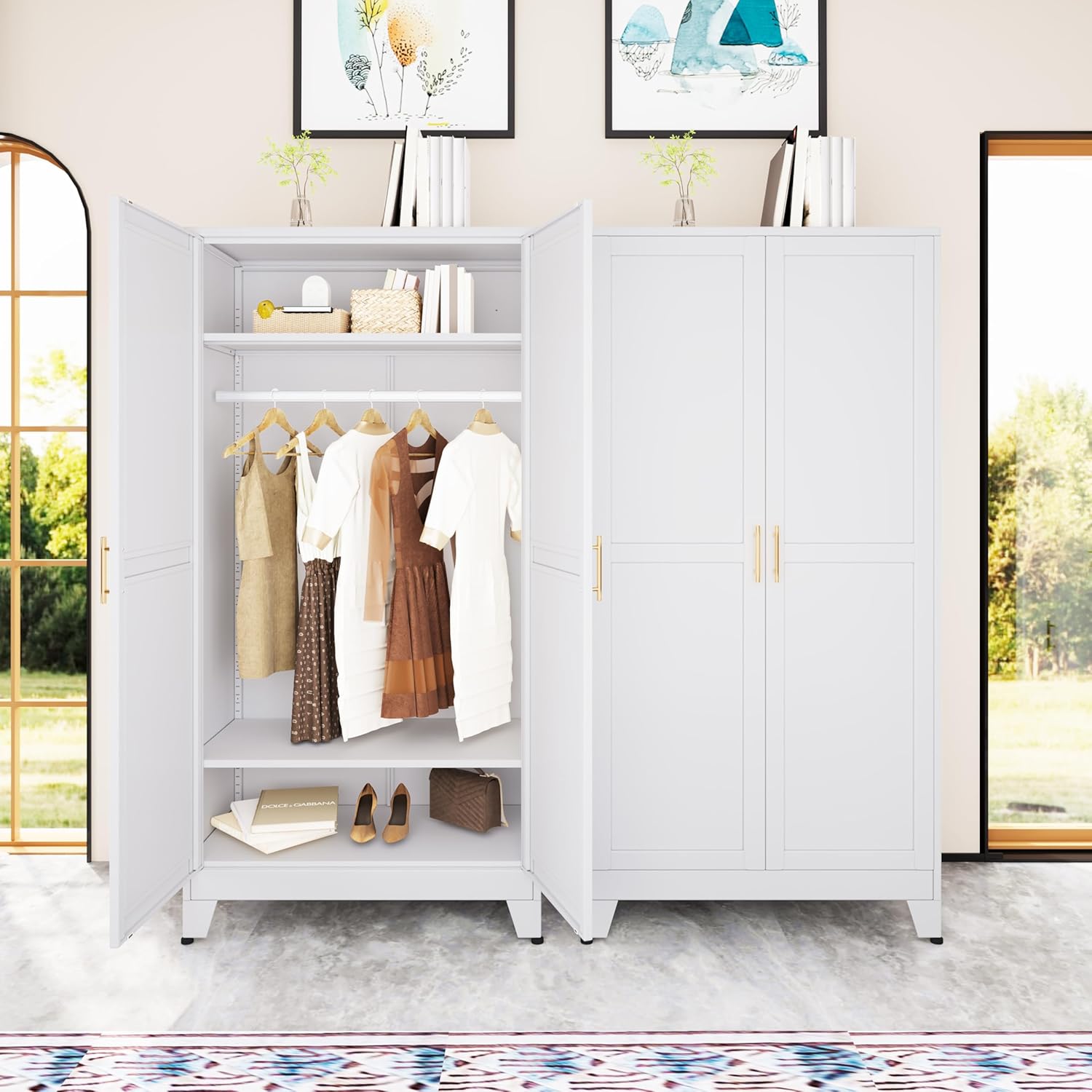 71 "Metal Armoire Wardrobe Closet, Steel Clothing Storage Cabinet with Adjustable Shelves and Hanging Rod, Household Steel Wardrobe Storage Cabinet with Adjustable standing feet (Wardrobe-white) - Grand Goldman