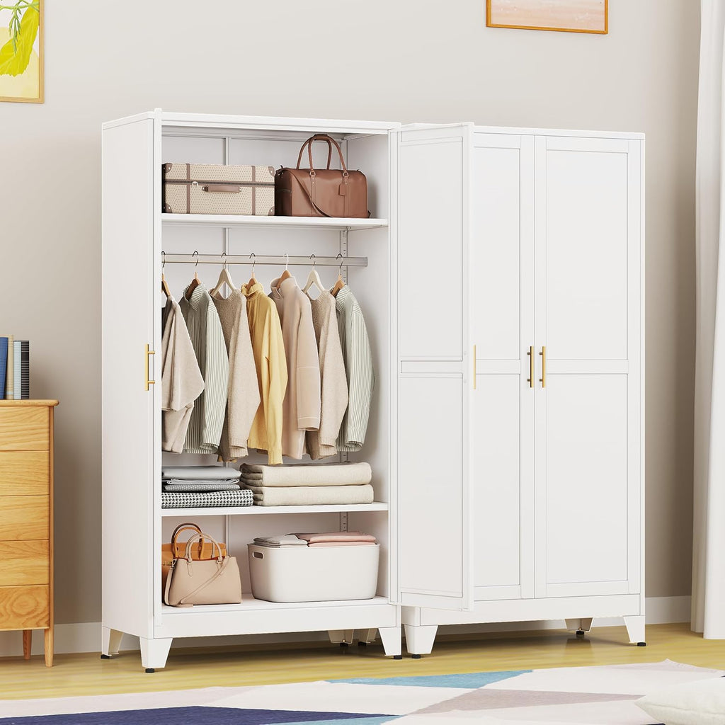 71 "Metal Armoire Wardrobe Closet, Steel Clothing Storage Cabinet with Adjustable Shelves and Hanging Rod, Household Steel Wardrobe Storage Cabinet with Adjustable standing feet (Wardrobe-white) - Grand Goldman