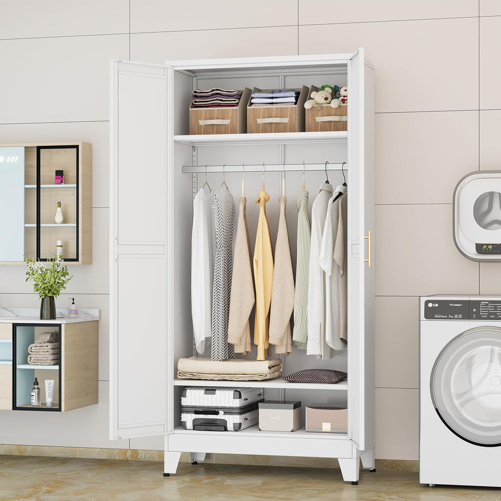 71 "Metal Armoire Wardrobe Closet, Steel Clothing Storage Cabinet with Adjustable Shelves and Hanging Rod, Household Steel Wardrobe Storage Cabinet with Adjustable standing feet (Wardrobe-white) - Grand Goldman