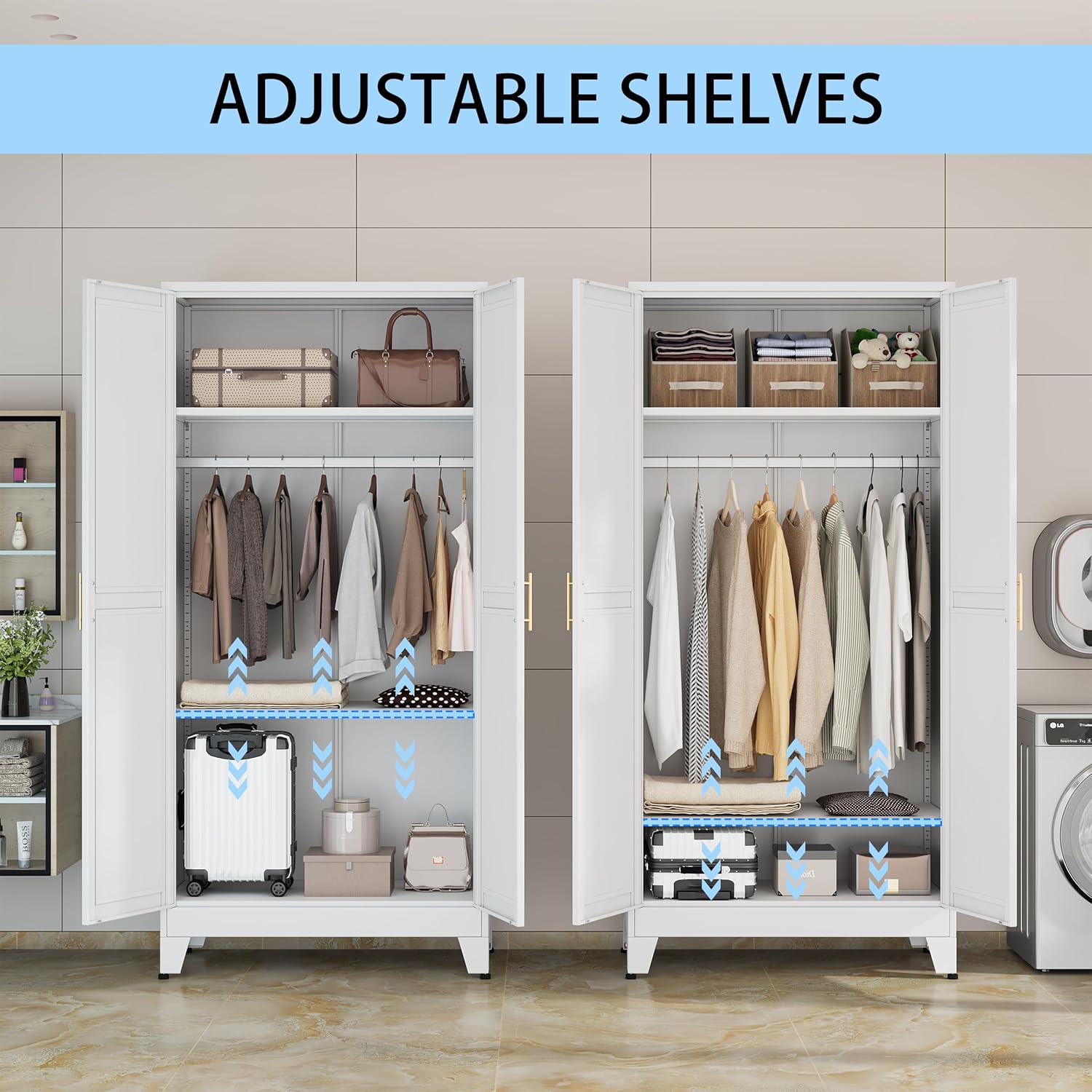 71 "Metal Armoire Wardrobe Closet, Steel Clothing Storage Cabinet with Adjustable Shelves and Hanging Rod, Household Steel Wardrobe Storage Cabinet with Adjustable standing feet (Wardrobe-white) - Grand Goldman