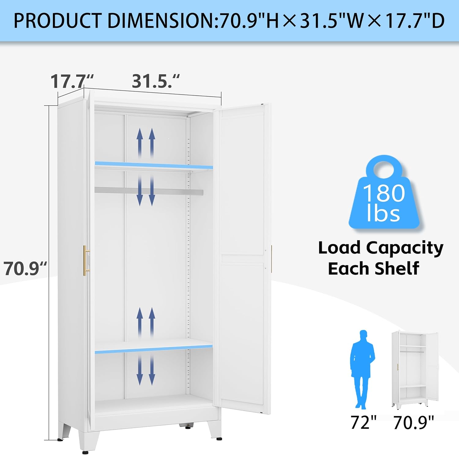 71 "Metal Armoire Wardrobe Closet, Steel Clothing Storage Cabinet with Adjustable Shelves and Hanging Rod, Household Steel Wardrobe Storage Cabinet with Adjustable standing feet (Wardrobe-white) - Grand Goldman