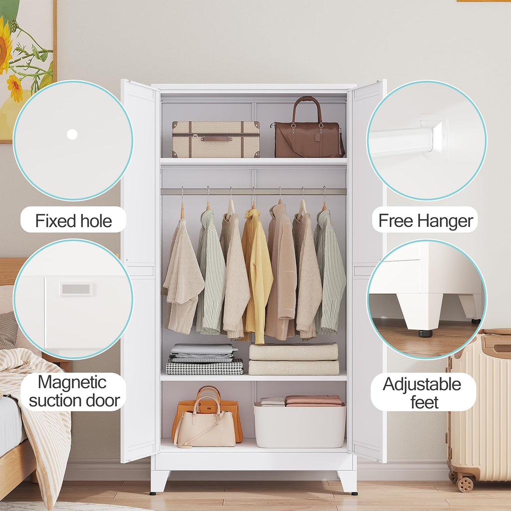 71 "Metal Armoire Wardrobe Closet, Steel Clothing Storage Cabinet with Adjustable Shelves and Hanging Rod, Household Steel Wardrobe Storage Cabinet with Adjustable standing feet (Wardrobe-white) - Grand Goldman