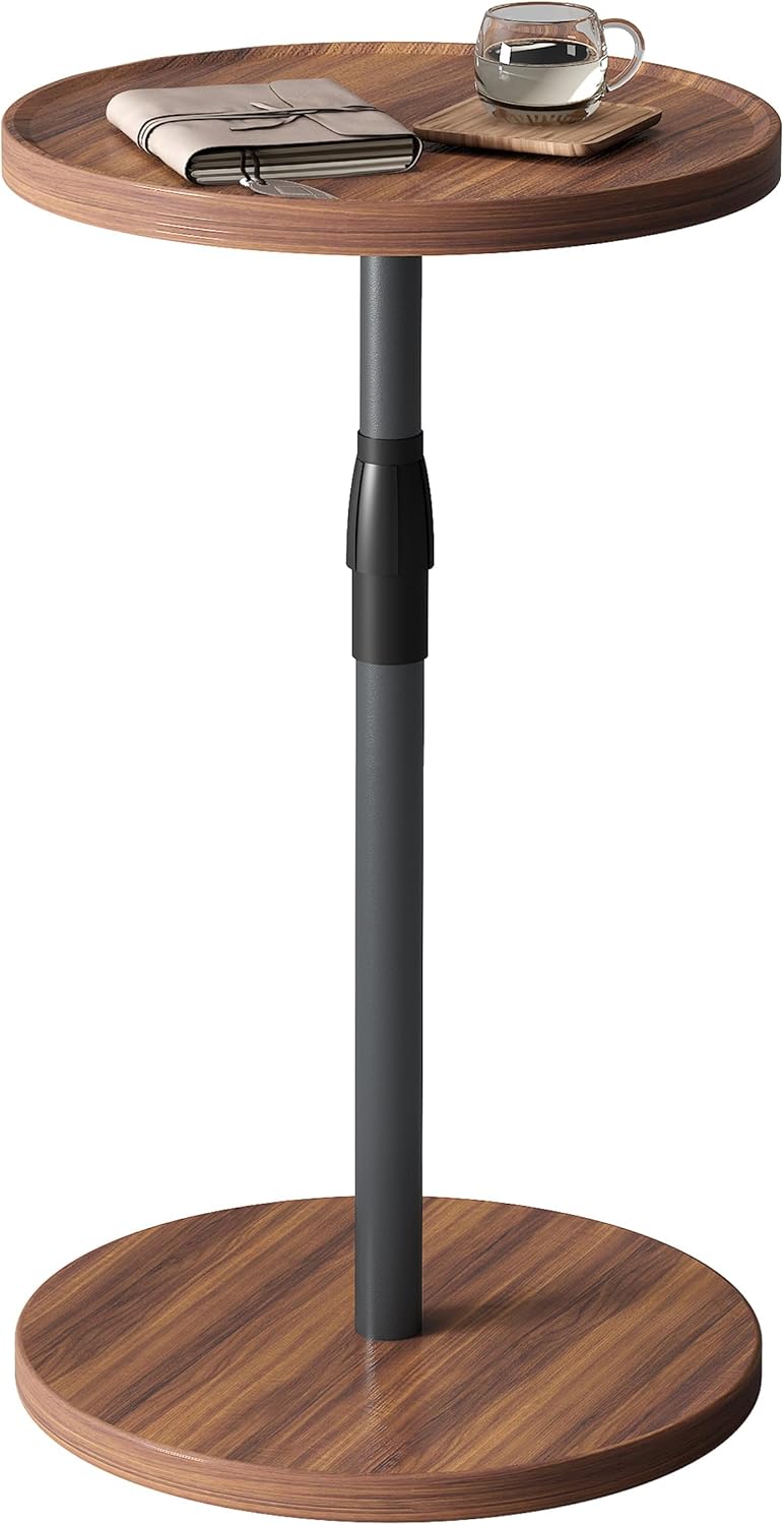 Adjustable End Table, Small Round Side Table, Drink Table for Small Spaces, Pedestal Nightstand for Living Room, Bedroom, Sofa Couch, Rustic Brown ET-010BR