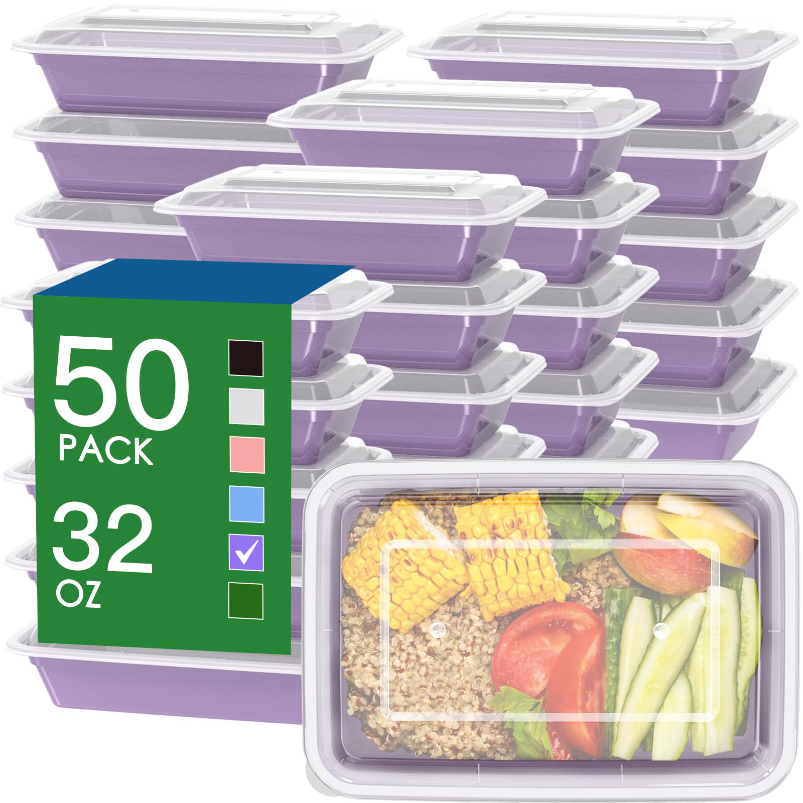50 Pack (100-Piece) 32 oz Meal Prep Containers Reusable with Easy Open Lids, Sturdy Leakproof Food Safe, Microwave Freezer Dishwasher Safe, To Go Take Out Plastic Food Storage Pans with Lids, Black
