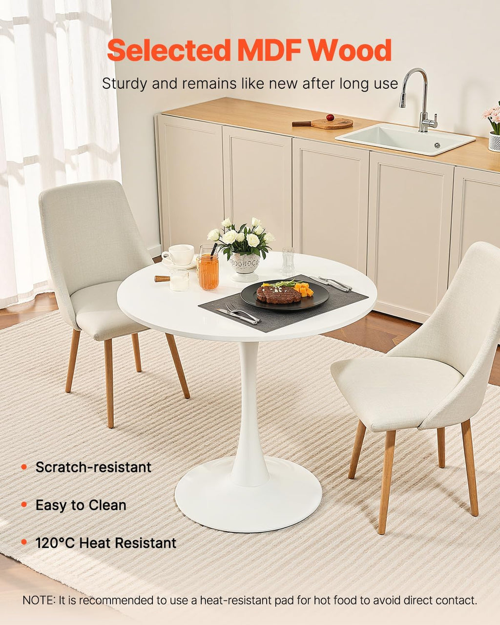 VEVOR Round Dining Table, 31.5 in Wood Table for 2-4 Person, Modern Circle Furniture, Leisure Coffee Office Tables with Pedestal Base in Tulip Design, for Home Kitchen Living Room, White(Only Table)