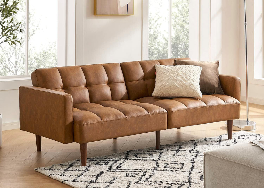 mopio Aaron 76.8" Couch, Small Futon Sofa Bed, Sleeper, Loveseat, Mid Century Modern Futon Couch, Sofa Cama, Couches for Living Room, Bedroom (Pecan Brown, Faux Leather)