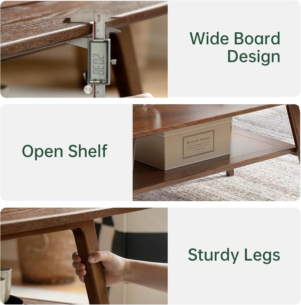 100% Solid Oak Wood Coffee Table for Living Room, 2-Tier Small Table with Storage Shelf, Mid Century Modern Coffee Tables (Walnut, 31.49" x 19.68" x 17.32")