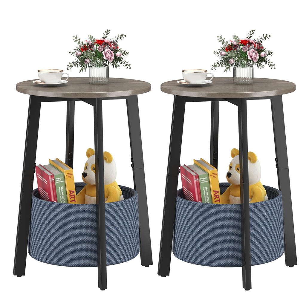 Small Round Side End Table with Cloth Storage Basket, Round Bedside Sofa Couch Coffee Tables for Small Places with Metal Frame, Modern Nighstands for Living Room Bedroom, Grey