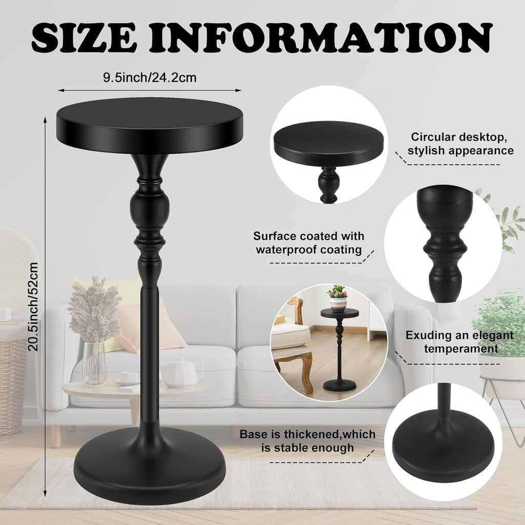 Black Metal Martini Table 9.5 x 9.5 x 20.5 Inches Round Drink Tables Decorative Pedestal Side Desk for Small Spaces Cocktail Drink Holder Stand Small End Shelf for Living Room Bedroom
