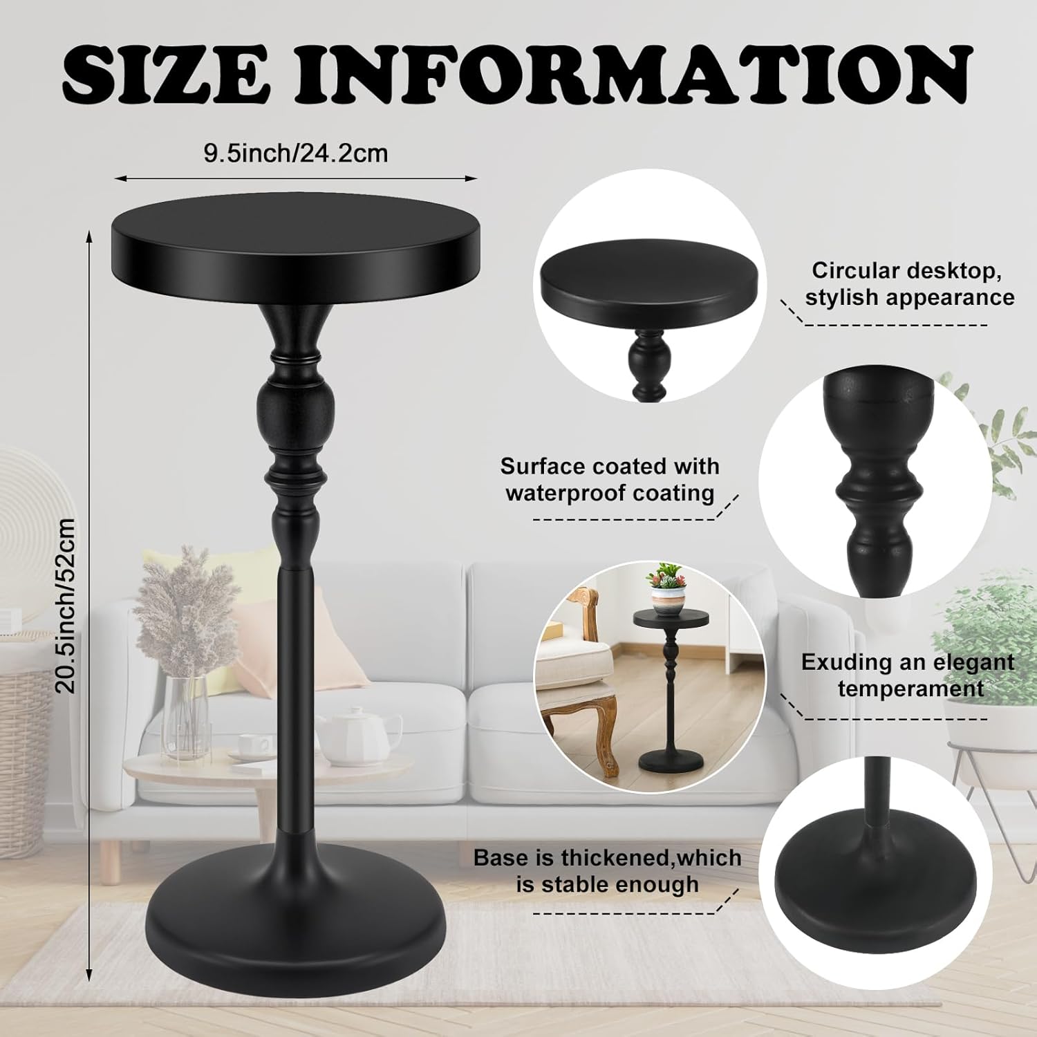 Black Metal Martini Table 9.5 x 9.5 x 20.5 Inches Round Drink Tables Decorative Pedestal Side Desk for Small Spaces Cocktail Drink Holder Stand Small End Shelf for Living Room Bedroom